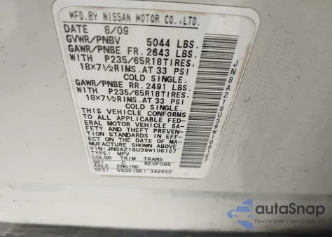 2009 Nissan Murano Sl from USA, damaged, VIN JN8AZ18U39W106187